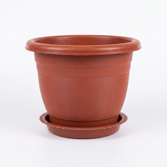12" Plastic Flower Pot with Drainage Tray, Terracotta Finish, Wholesale