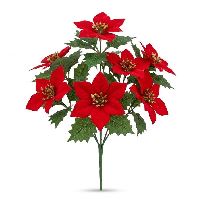 13" Artificial Red Poinsettia 5-Head Floral Bush - Christmas Flower Spray, Wholesale