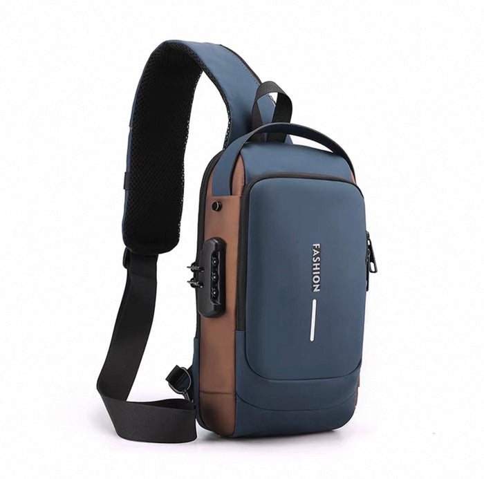 Blue and brown sling bag with 'FASHION' text on a white background