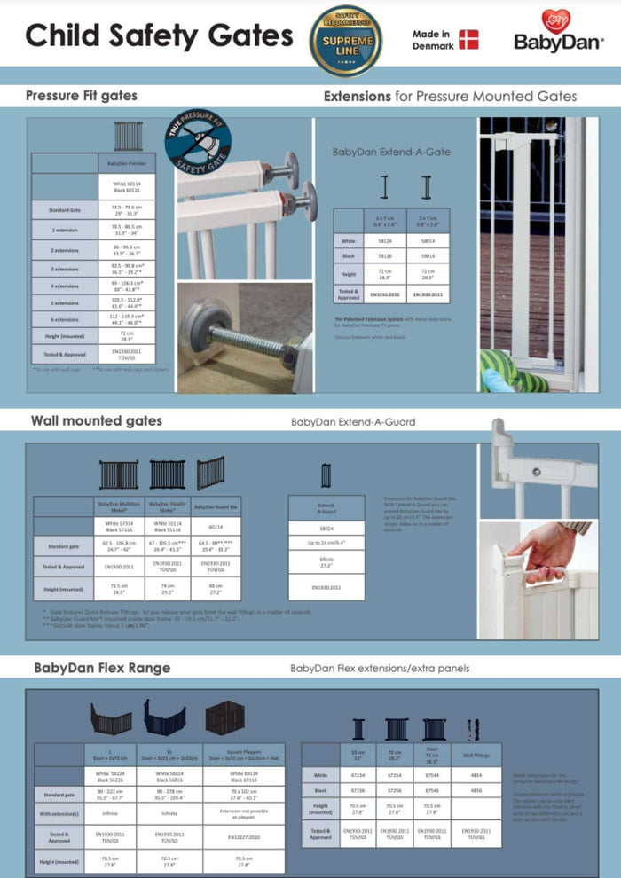 Child safety gate catalog featuring Babydan Flexi Fit Metal White for toshi baby and bare mum postpartum safety