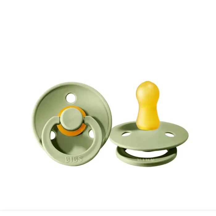 Two green bibs pacifier colour sage made of rubber latex natural for baby comfort