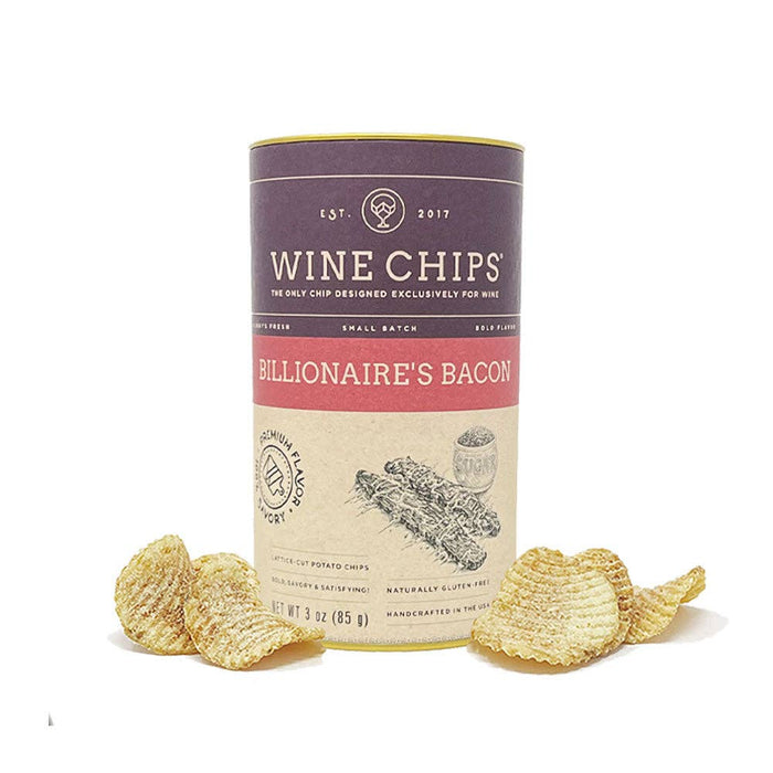 Billionaire's Bacon Wine Chips 3 oz gourmet potato crisps in cylindrical packaging with lattice-cut chips displayed alongside.