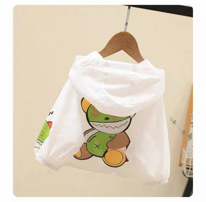 White drawstring bag with a cartoon character on a beige background