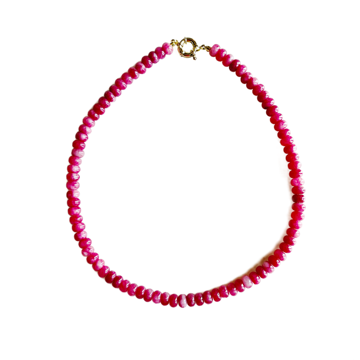 bubblegum pink gemstone necklace, pink candy necklace, 17 inch charm necklace, gold clasp beaded necklace, handmade jewelry Charleston, bright pink beaded necklace, gemstone layering necklace, artisan charm-ready necklace, pastel pink beaded necklace, bubblegum pink gold jewelry