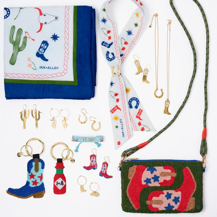 Danielle Cowgirl Boot Ceramic Earrings Pink + Blue Dangle