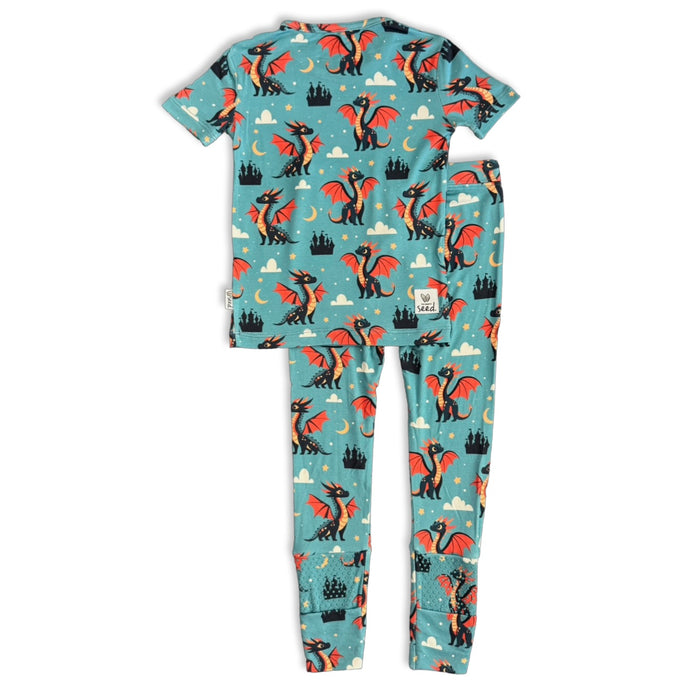 Children's pajama set with dragon pattern on a blue background
