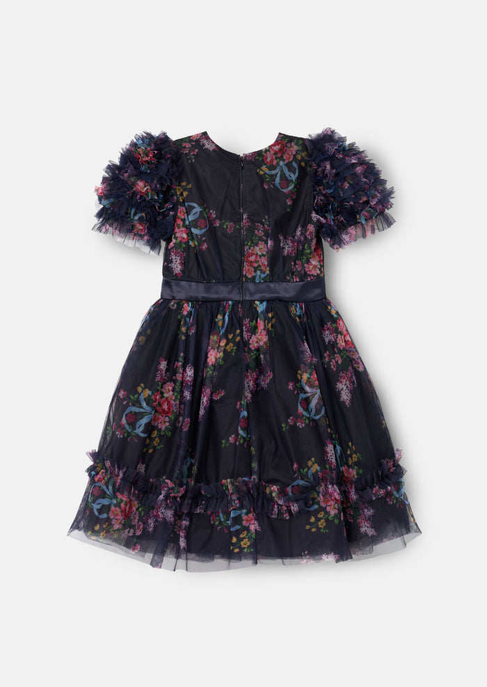 Florence Navy Ruffle Mesh Sleeve Dress