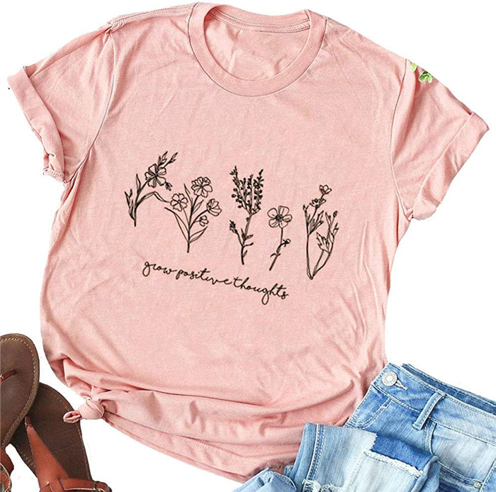 FZLYE Women Grow Positive Thoughts Letter Short Sleeve Graphic T Shirt