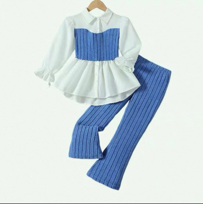 White blouse with blue ribbed pattern and matching pants on a white background
