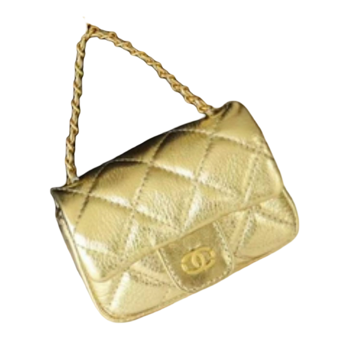 Golden Girl quilted mini bag charm in gold genuine leather with a chain strap.