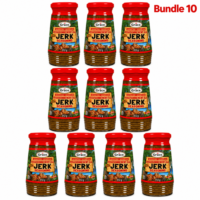Grace Hot Jamaican Jerk Seasoning, bold Caribbean spice blend with traditional herbs and seasonings, ideal for adding authentic spicy Jamaican flavor to chicken, meat, seafood, and vegetables.