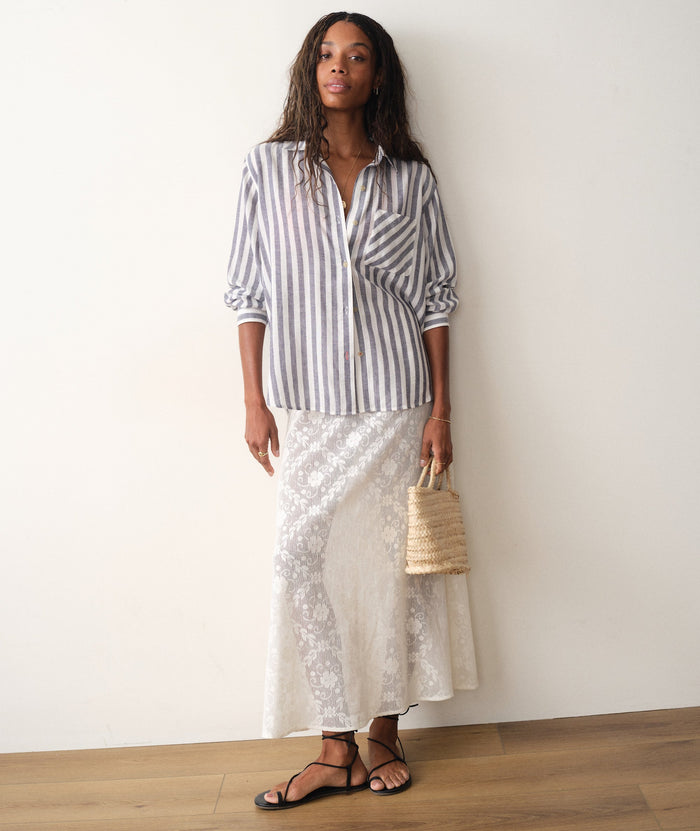 Jane Relaxed Linen Shirt - Navy & White Stripe
