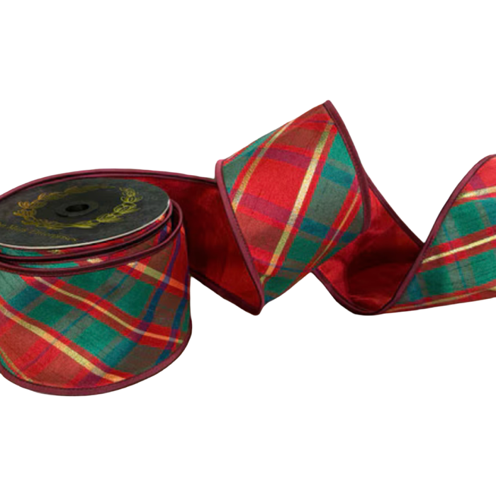 JME 4-inch red and green plaid ribbon with gold accent stripes and red edging, looped beside a spool to show its red reverse.
