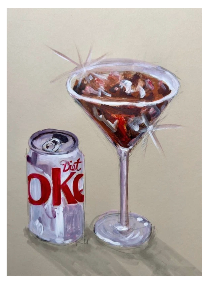 Kyra Kendall art print of a silver Diet Coke can beside a martini glass filled with soda and ice against a warm cream background.