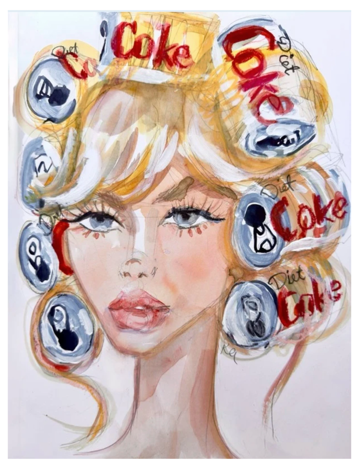 Kyra Kendall Diet Coke Curler art print depicting a blonde woman with silver Diet Coke cans as hair rollers, long lashes, and soft pink lips.
