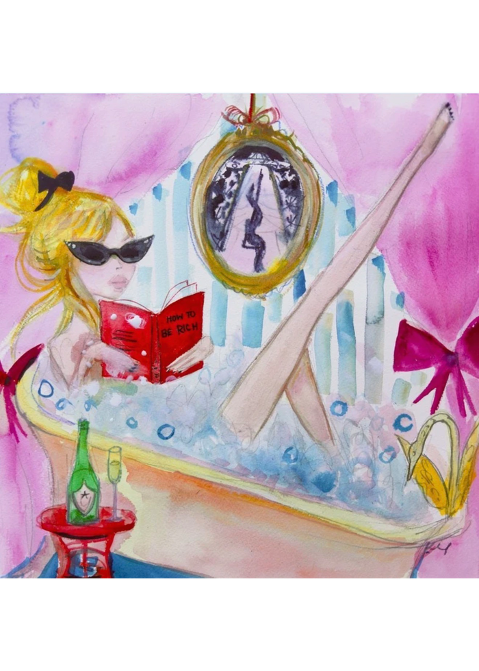 A whimsical watercolor-style illustration of a blonde woman in a pink bath with a red book, sunglasses, a green champagne bottle, and a yellow handbag, with a large mirror reflecting her legs.