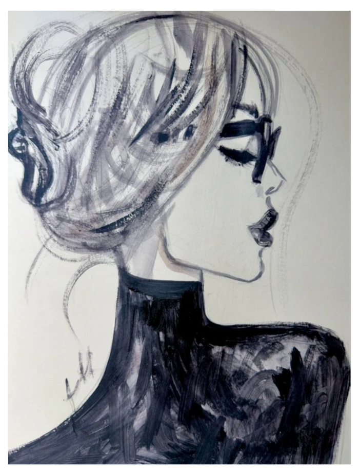 Kyra Kendall Line Drawing Turtleneck art print depicting a woman in profile with swept-up hair, oversized sunglasses, and a black turtleneck.