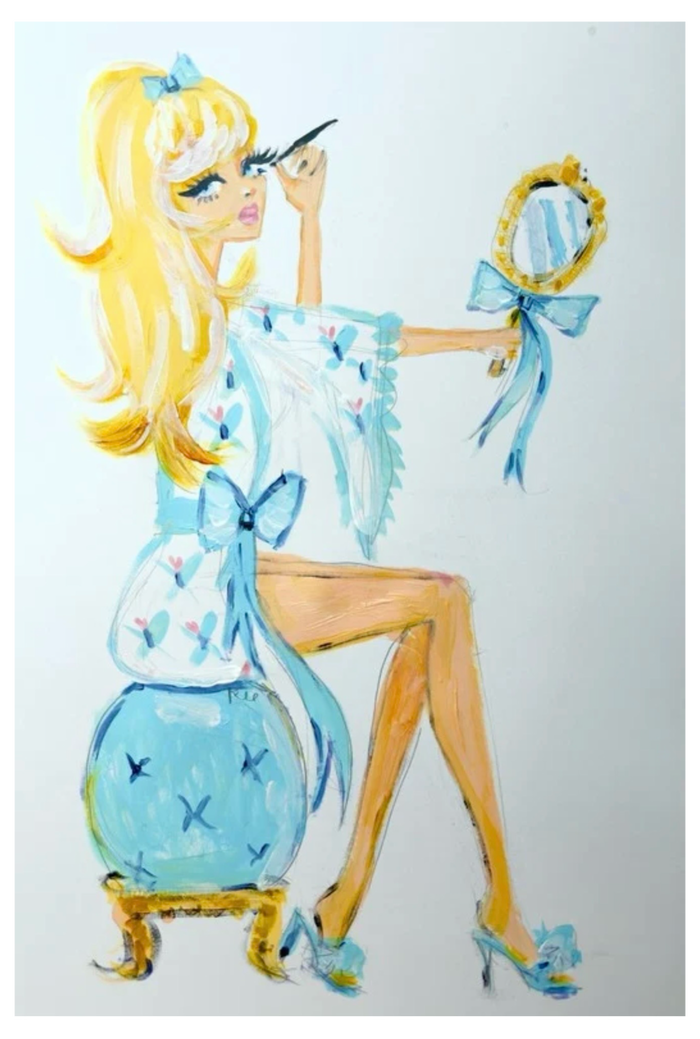 Kyra Kendall Liner Time art print of a blonde woman applying eye makeup while holding a gold mirror, wearing a blue-trimmed robe and bow heels.