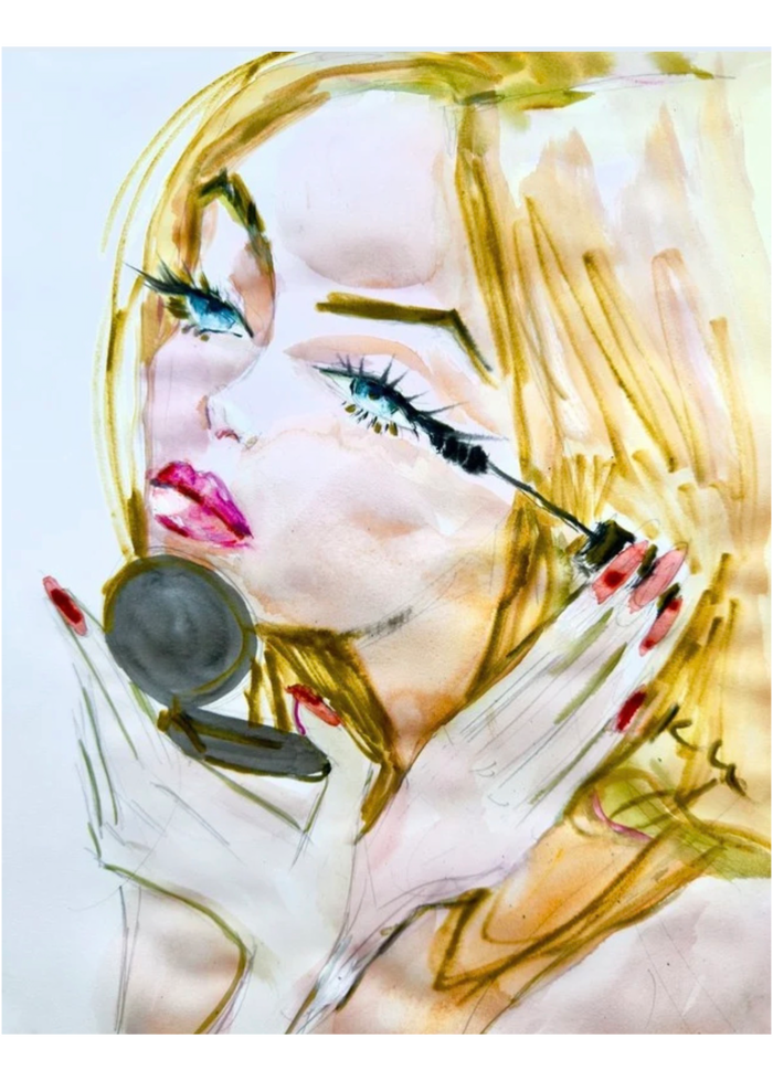 Kyra Kendall Problem Solver art print of a blonde woman with blue eyes, pink lips, and red nails applying mascara while holding an open compact.