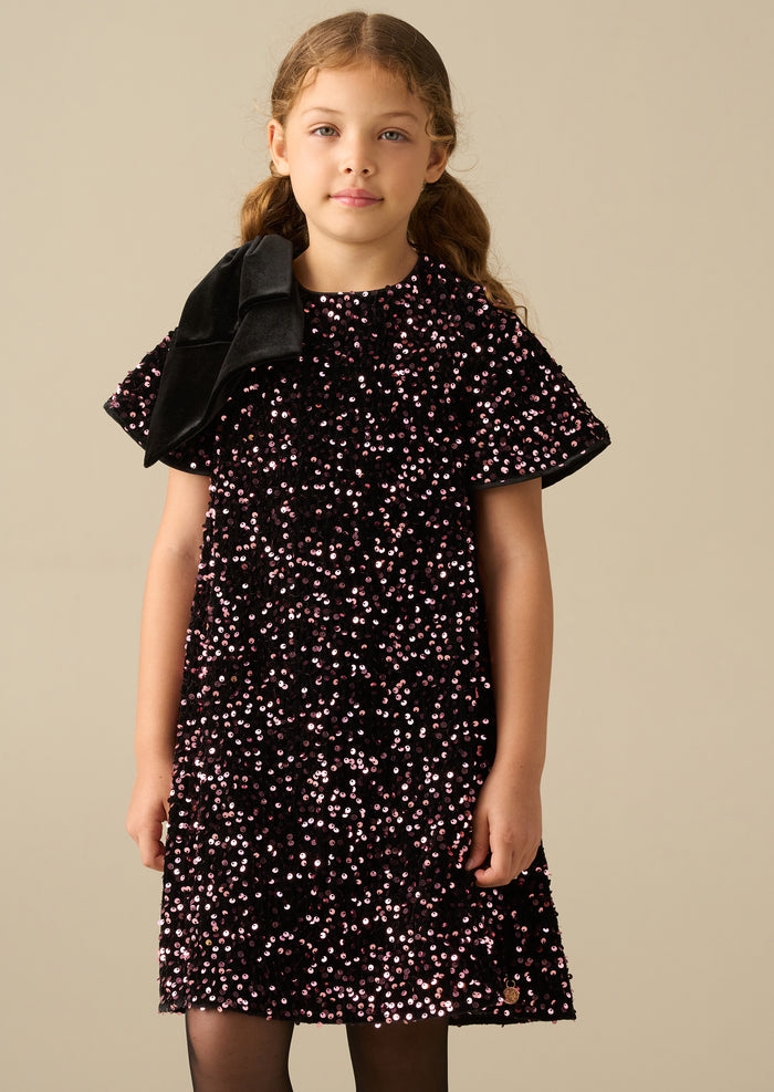 Macie Bow Shoulder Sequin Dress