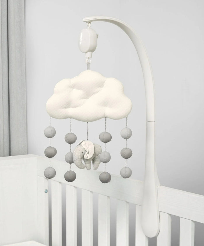 White baby mobile with cloud and elephant for Mamas & Papas world musical mobile and toshi baby