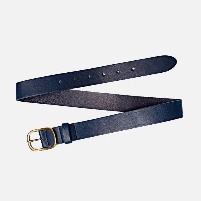 Marin Gold Oval Buckle Design Statement Leather Belt Women - Navy