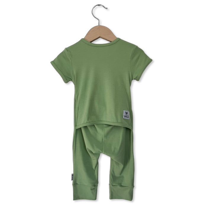 Green children's outfit with shirt and pants on a hanger against a white background