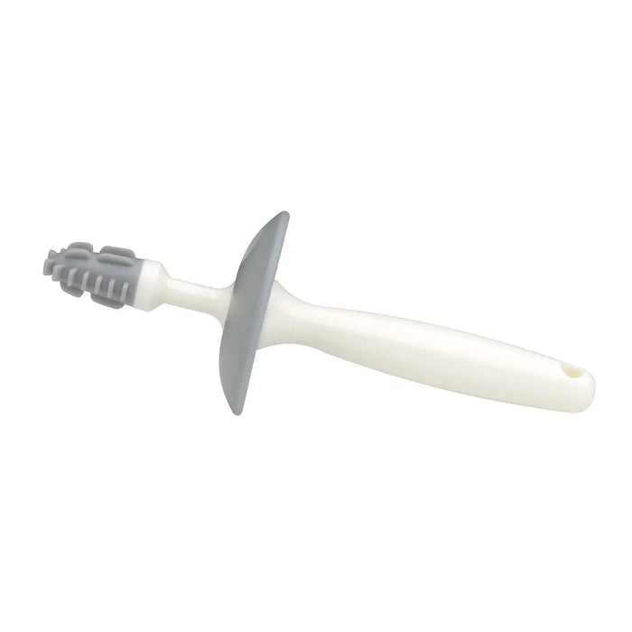 Gray and white baby teether from Mininor Baby Toothbrush Set for tots with Toshi Baby Romper