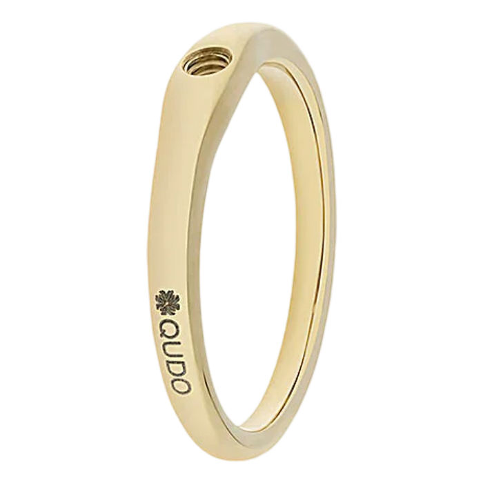 Gold ring with 'QUDO' branding on a white background