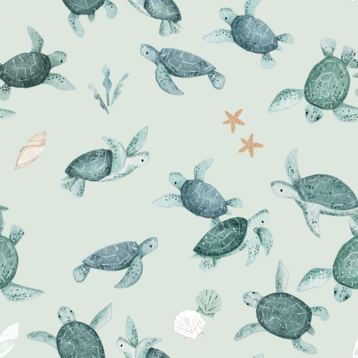 Pattern of turtles and sea shells on a light blue background