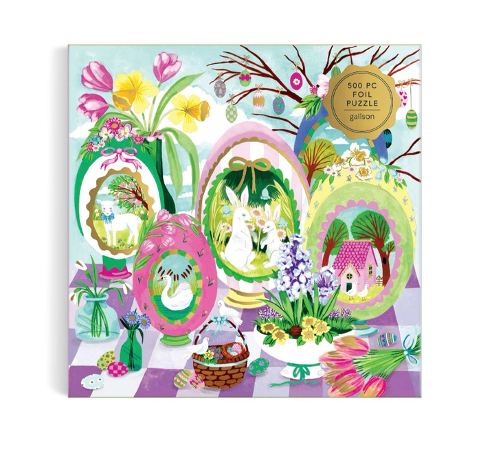 Foil puzzle packaging with Easter-themed design featuring eggs, bunnies, and flowers.