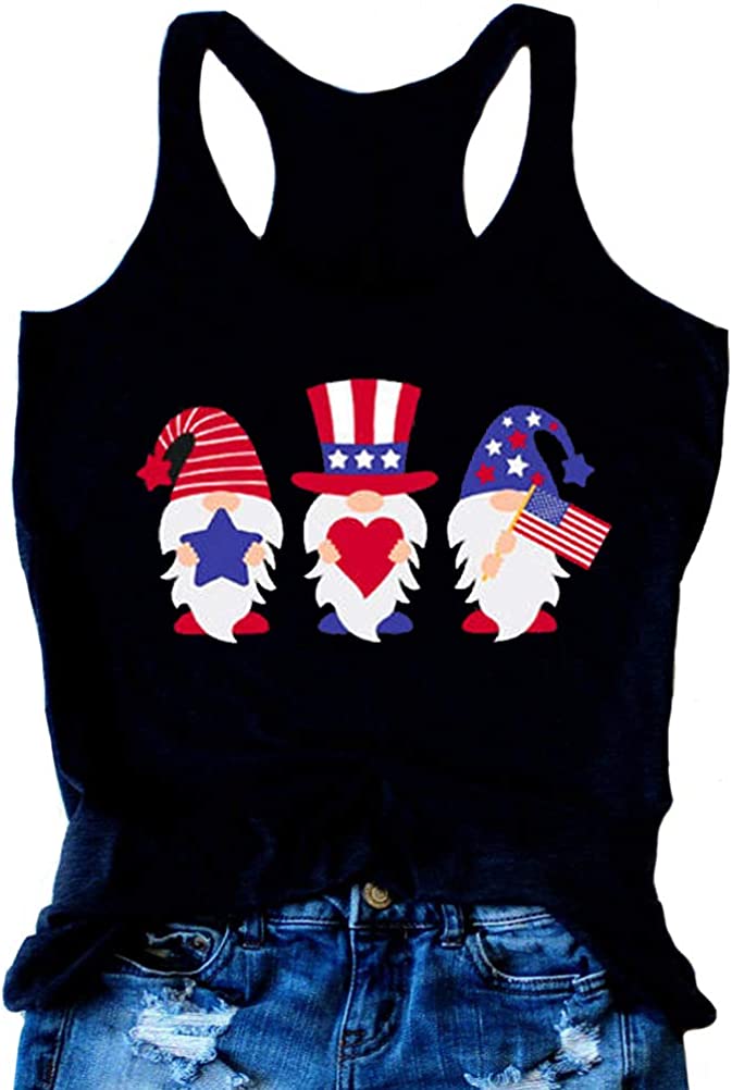 Women American Flag Gnomes Love Heart Tank Top Patriotic Gnomes Shirt