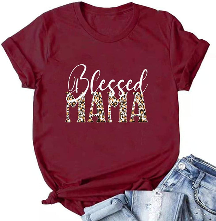 Women Leopard Blessed Mama T-Shirt Mama Shirt Gift for Mom