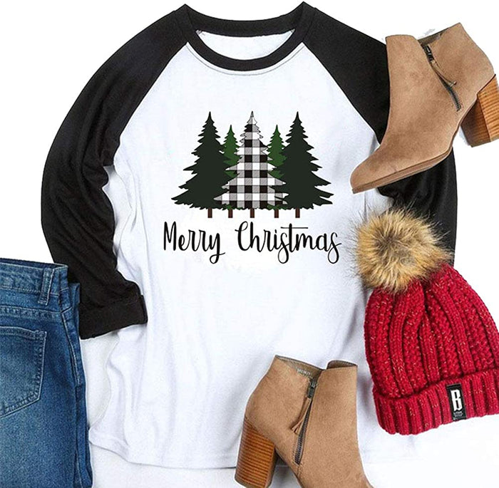 Women Merry Christmas Long Sleeve Blouse Christmas Tree Raglan Shirt