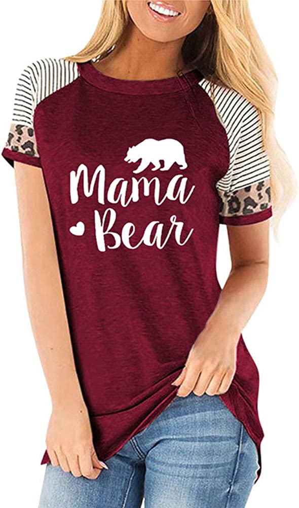 Women Short Leopard & Stripe Sleeve Mama Bear T-Shirt