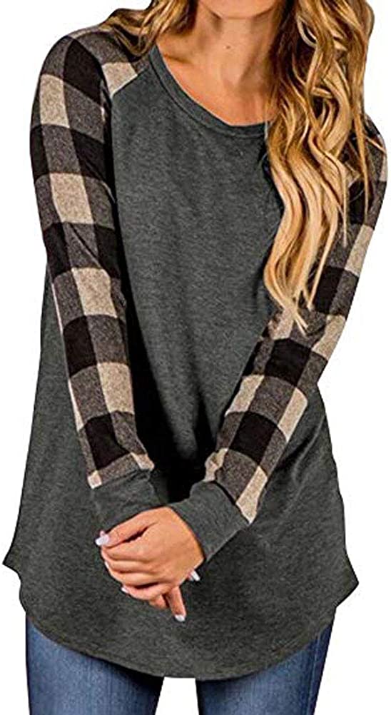 Women Solid Color Blouse Plaid Sleeve Tunic Shirt