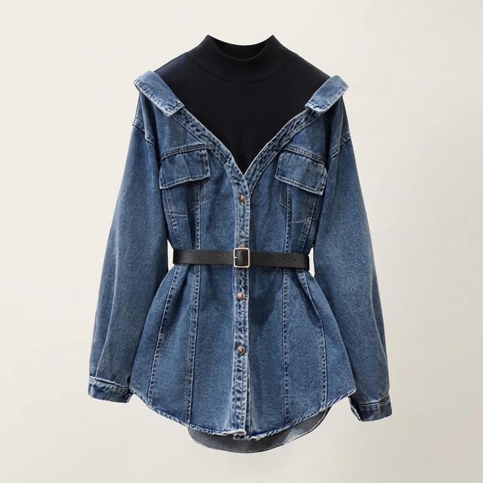 Women's Denim Mock Neck Belted Shirt Jacket | Canada