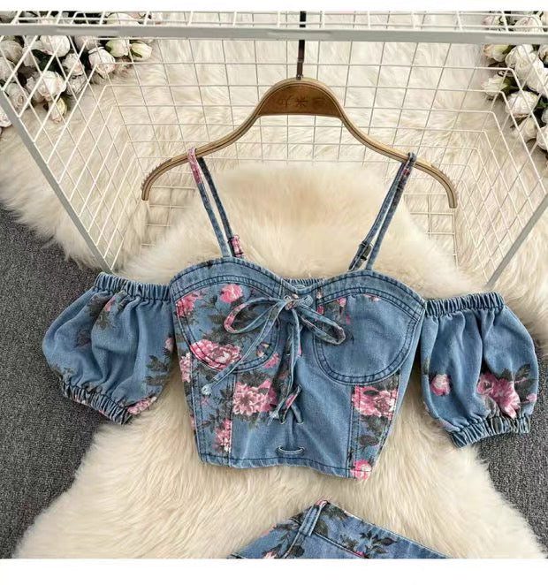 Women's Floral Denim Two-Piece Set Canada | Halter Top & Slit Skirt