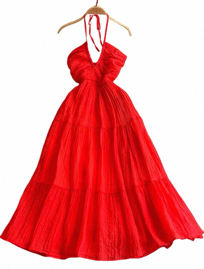 Women's Halter Tiered Maxi Dress Canada | Pleated Summer Dresses