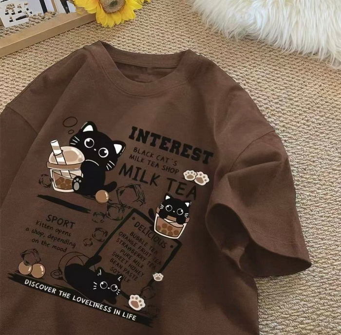 Women's Milk Tea Graphic Tee with Cute Black Cats | Canada