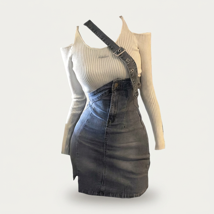 Women's Off-Shoulder Knit Top & Denim Suspender Skirt Set Canada