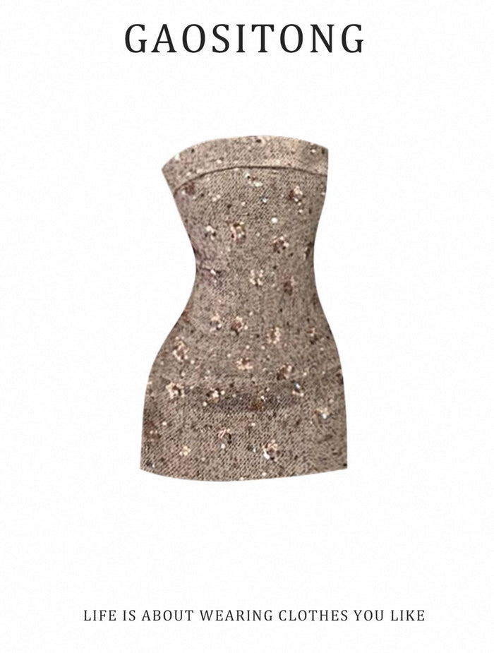 Elegant Little Strapless Dress with Sequins for Women, Slim Fit, Bodycon Dress