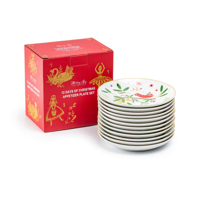 Set of twelve fine porcelain appetizer plates featuring colorful 12 Days of Christmas holiday illustrations