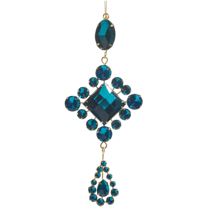 blue jeweled ornament, jeweled drop ornament, blue Christmas ornament, Raz Imports ornament, luxe holiday décor, blue holiday decorations, metal drop ornament, elegant Christmas ornament, blue jeweled drop