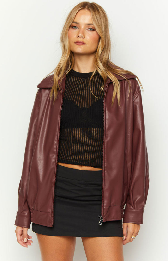 Red PU bomber jacket with a wide collar, full zip, and elasticated hem