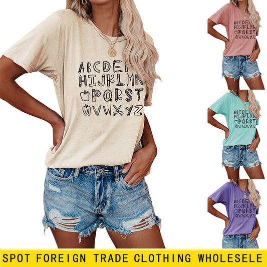 ABCDEFGHIJKIMMN Letter Print Women's New Crewneck Short Sleeve Shirt for Summer