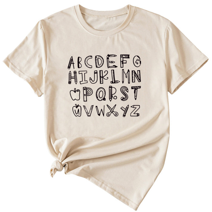 ABCDEFGHIJKIMMN Letter Print Women's New Crewneck Short Sleeve Shirt for Summer
