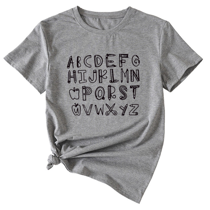 ABCDEFGHIJKIMMN Letter Print Women's New Crewneck Short Sleeve Shirt for Summer