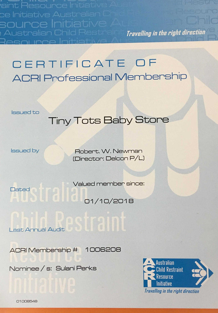 ACRI Professional Membership certificate for accredited child seat installation at Ferntree Gully Store