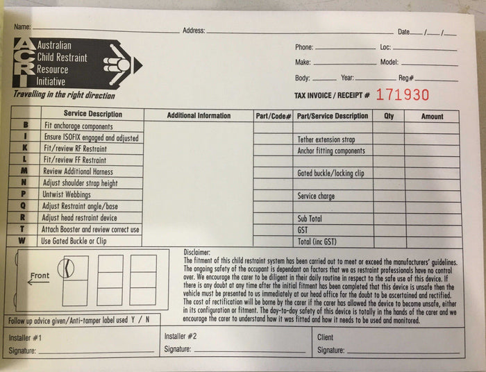 Accredited child seat installation invoice at Ferntree Gully store for safe baby strollers